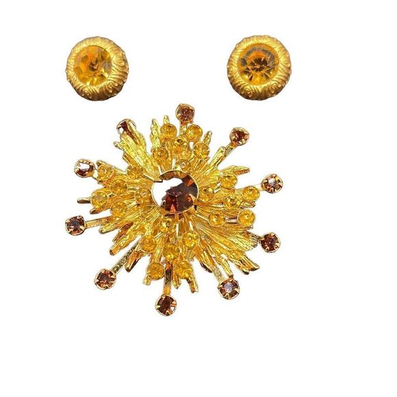 Vintage Goldtone Yellow Orange Brown Brooch and Clip On Earring Set Parure - Picture 1 of 5